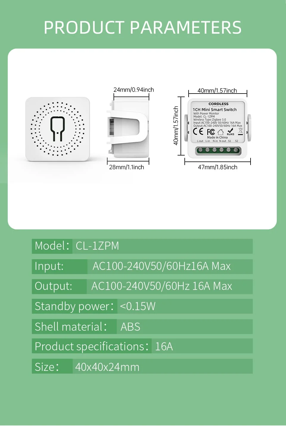 CL-1ZPM Zigbee Mini Smart Switch with Power Monitor – White